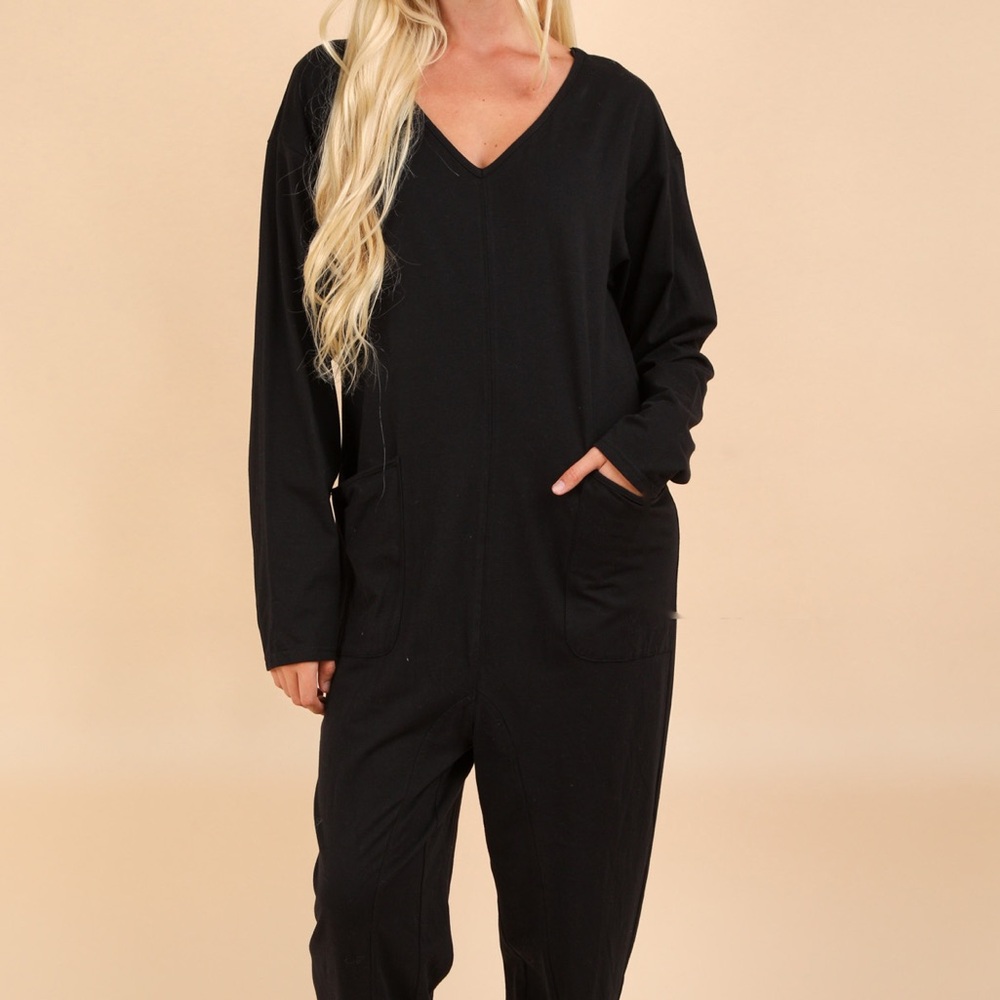 Black V-Neck Jumpsuit with Front Pockets